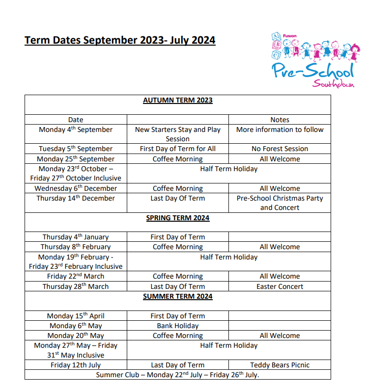 Term Dates PreSchool Fusion
